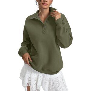Women's Green Sweatshirts Trendy Tops Fleece Henley Neck Long Sleeve Button